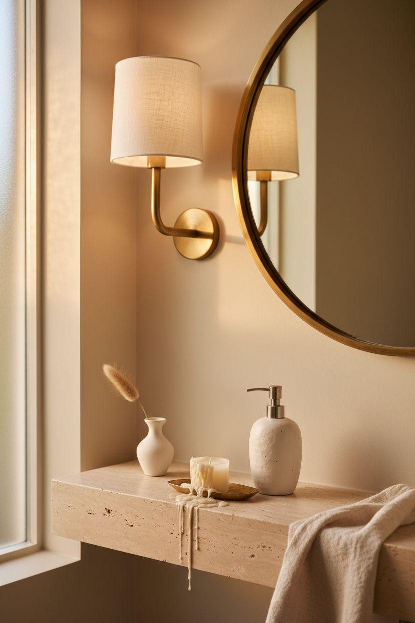Bathroom Mirror - round brass mirror with white linen drum shade sconces
