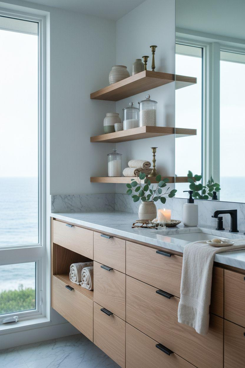Bathroom Vanity Ideas - coastal vanity with open shelving and glass jars