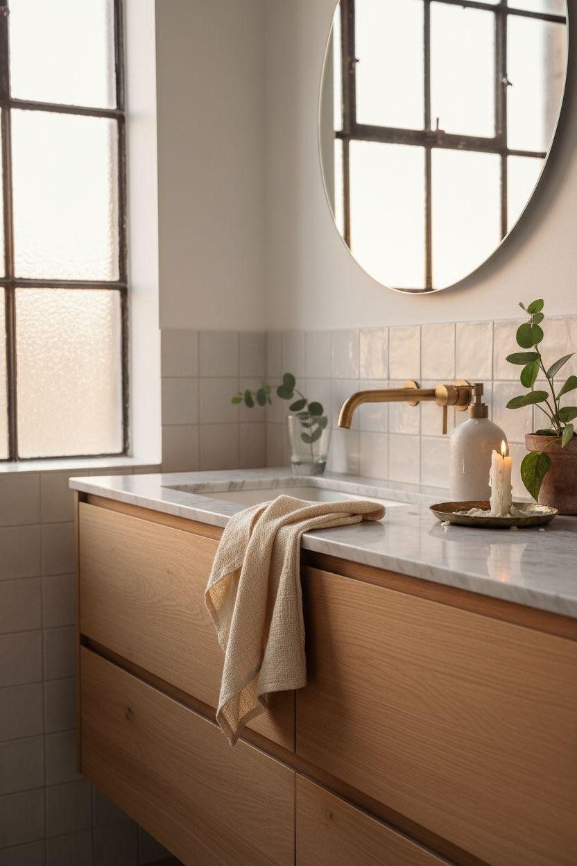 Bathroom Vanity Ideas - industrial white oak vanity with handmade zellige tile