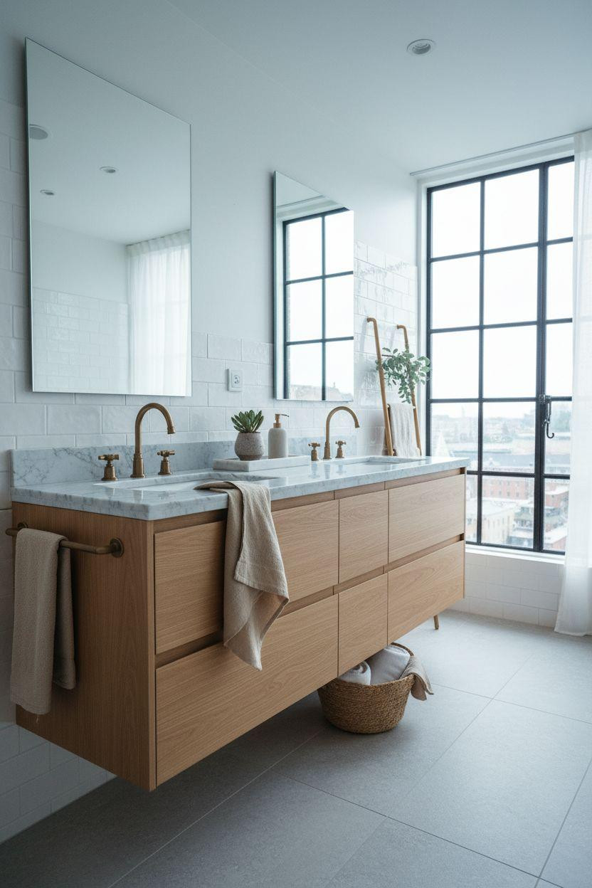 Bathroom Vanity Ideas - minimalist white oak vanity with subway tile
