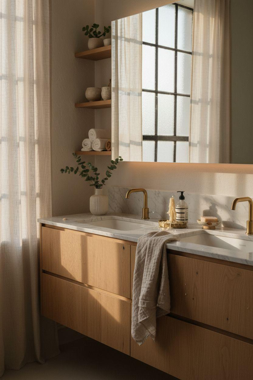 Bathroom Vanity Ideas - Scandinavian double basin with brass fixtures