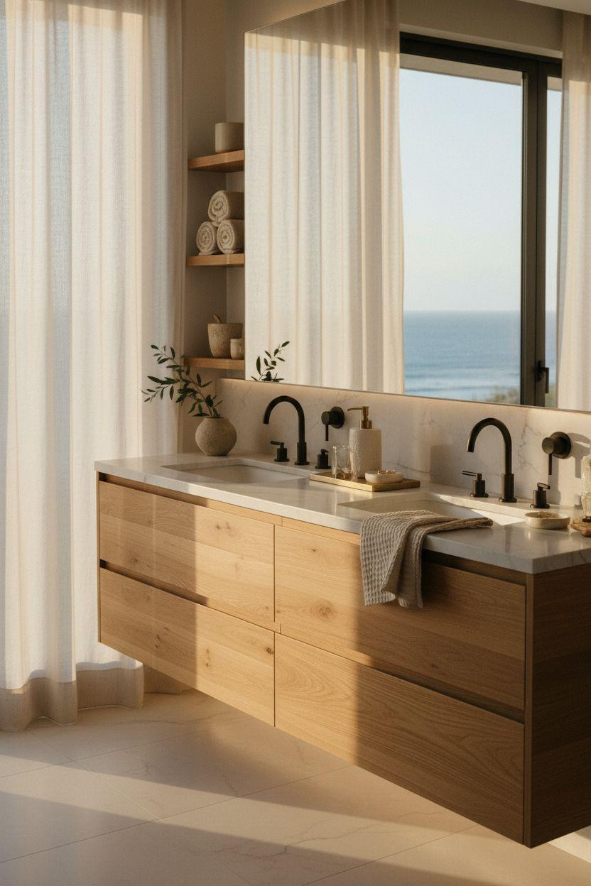 Bathroom Vanity Ideas - modern white oak floating vanity with ocean views