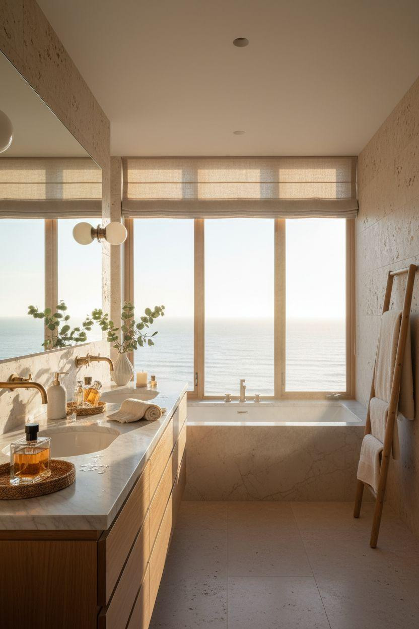 Bathroom Vanity Ideas - spa bathroom with travertine and marble soaking tub