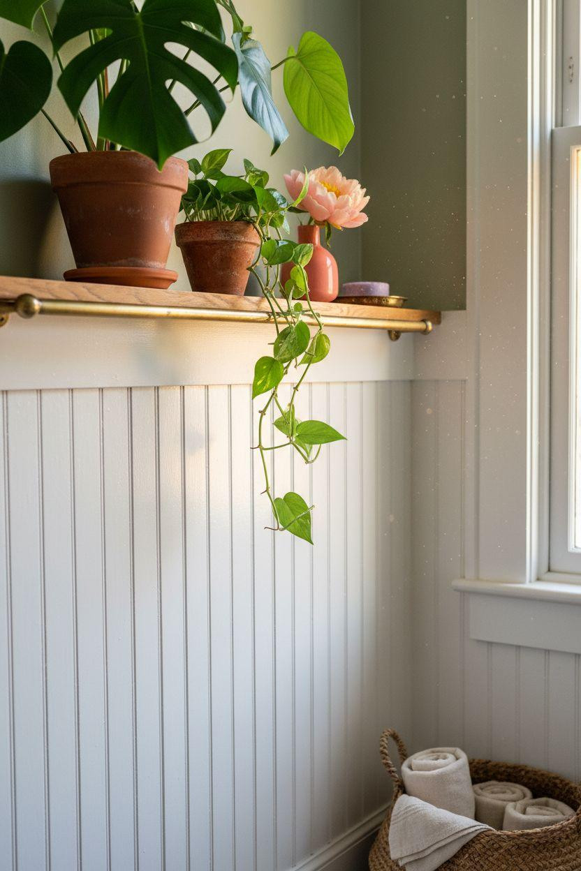 Wainscoting bathroom with beadboard panels and lush greenery