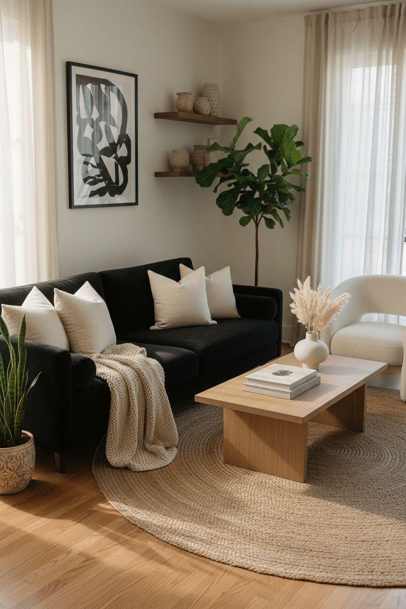 Black furniture living room ideas with neutral palette and light oak