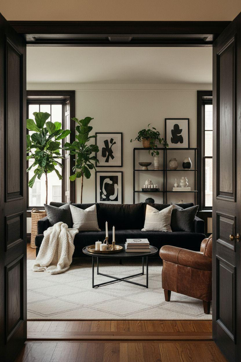 Black furniture living room ideas with open shelving and vintage touches