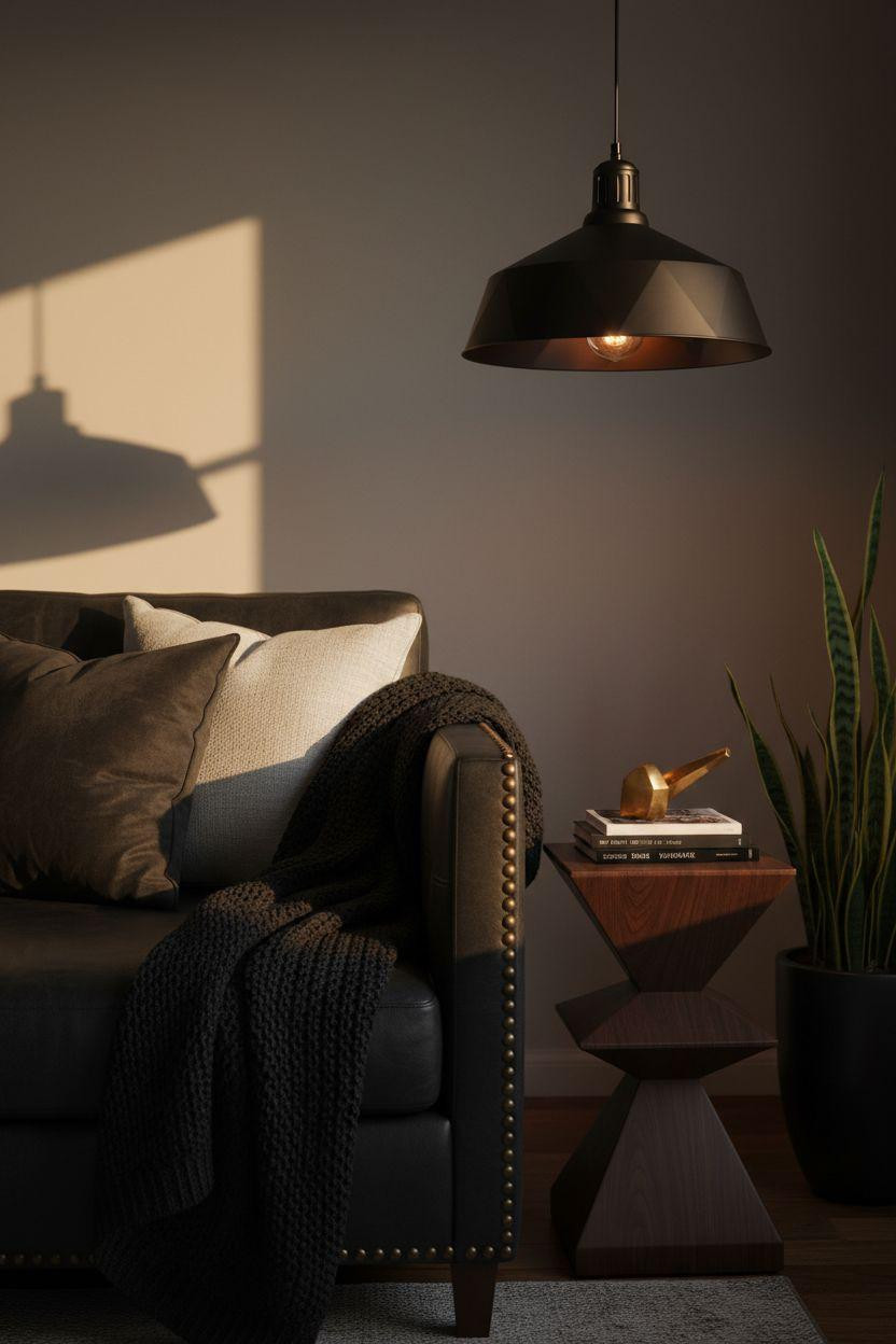 Black furniture living room ideas featuring leather sofa with brass accents