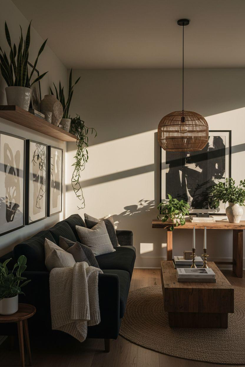 Black furniture living room ideas with reclaimed wood and natural materials