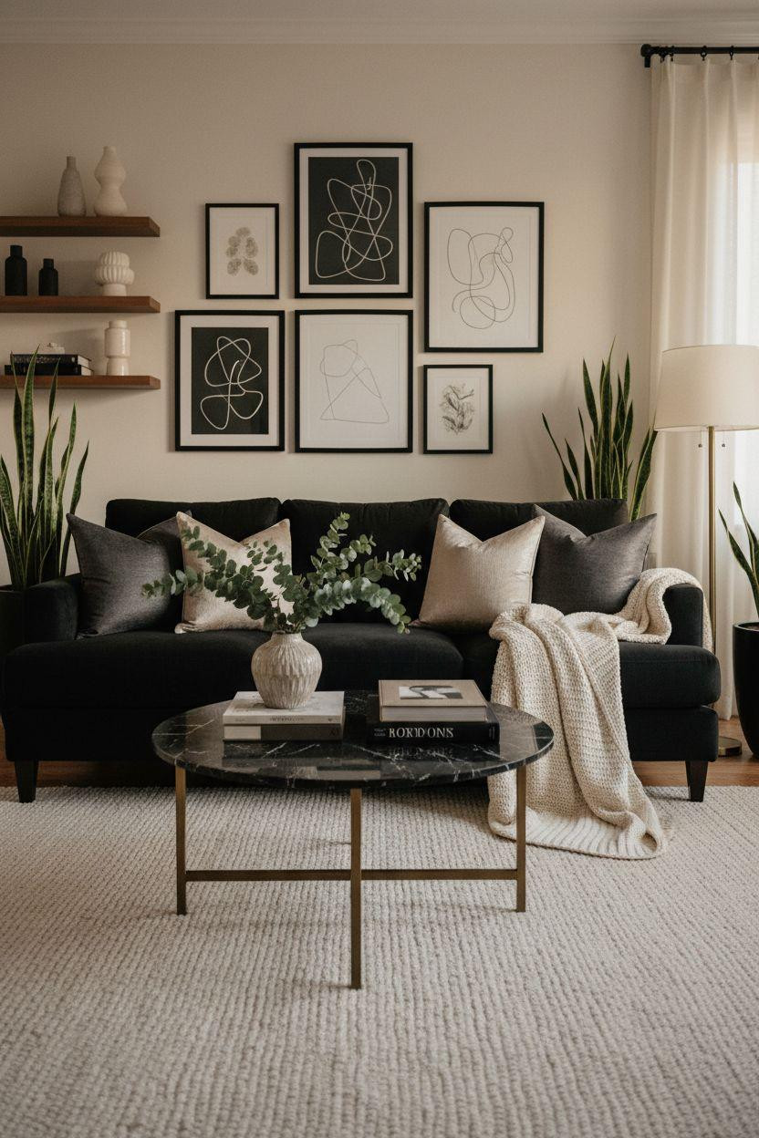 Black furniture living room ideas featuring marble table and brass lighting