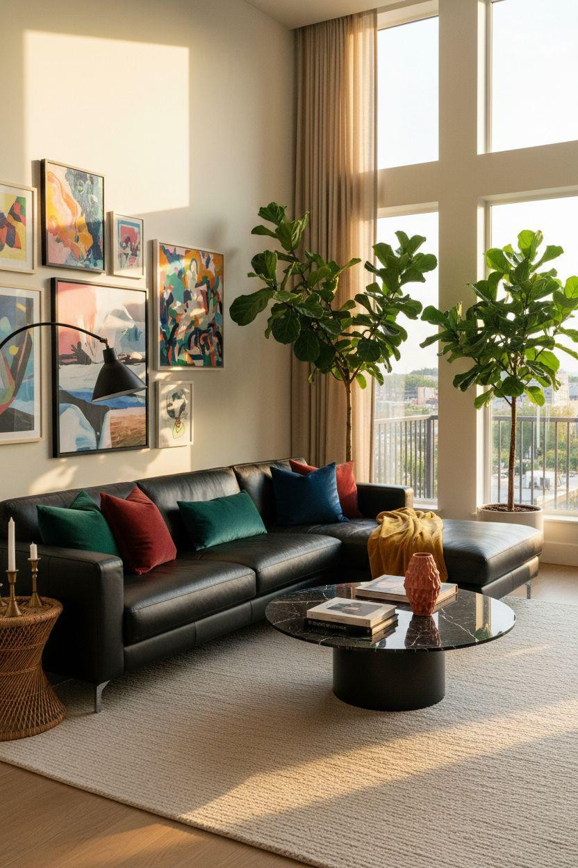 Black furniture living room ideas with colorful jewel tone pillows