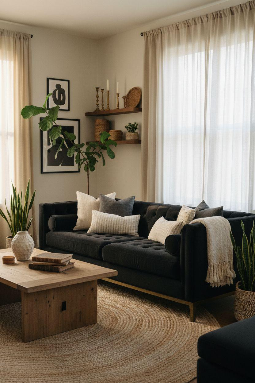 Black furniture living room ideas featuring tufted sofa with brass accents