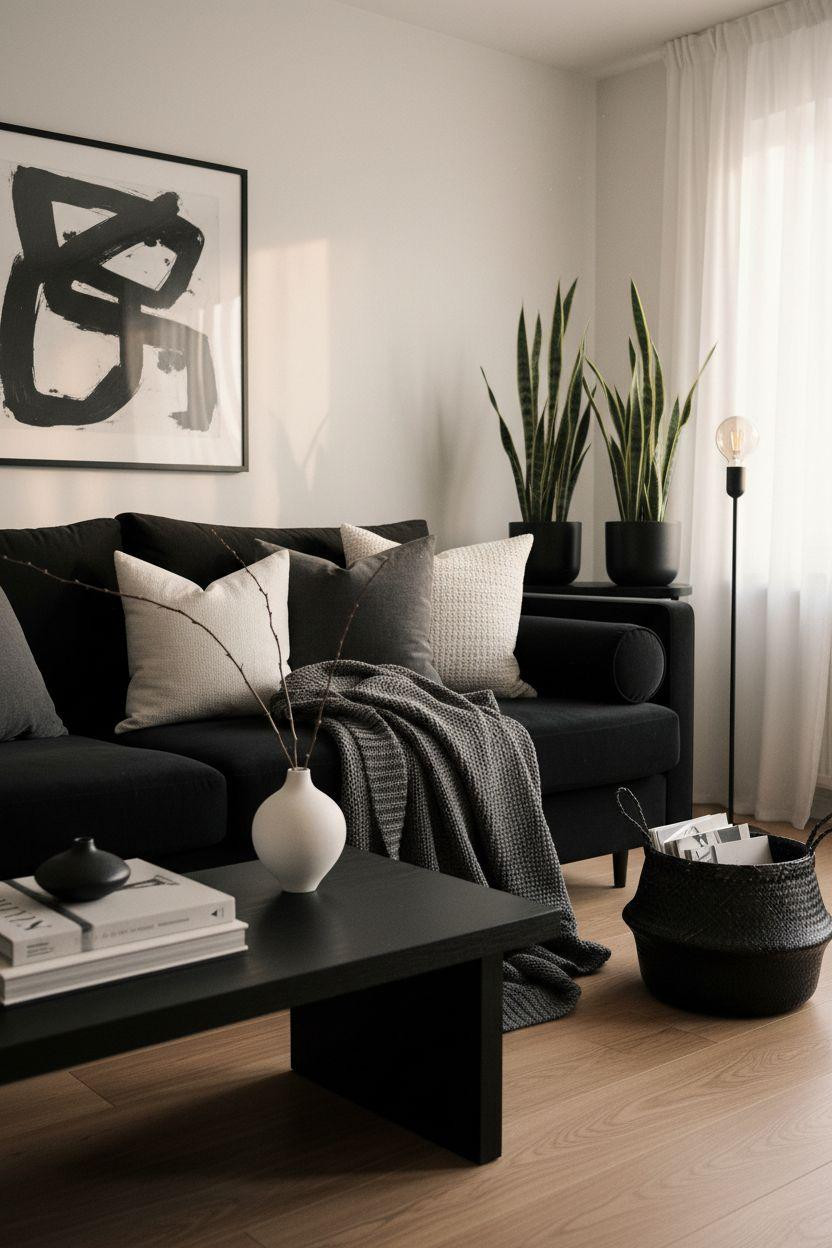 Black furniture living room ideas with matte black sofa and light oak flooring