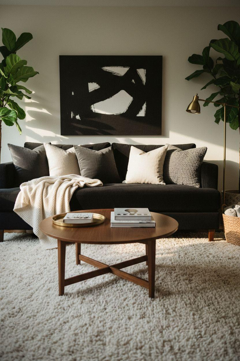 Black furniture living room ideas with velvet sofa and layered pillows