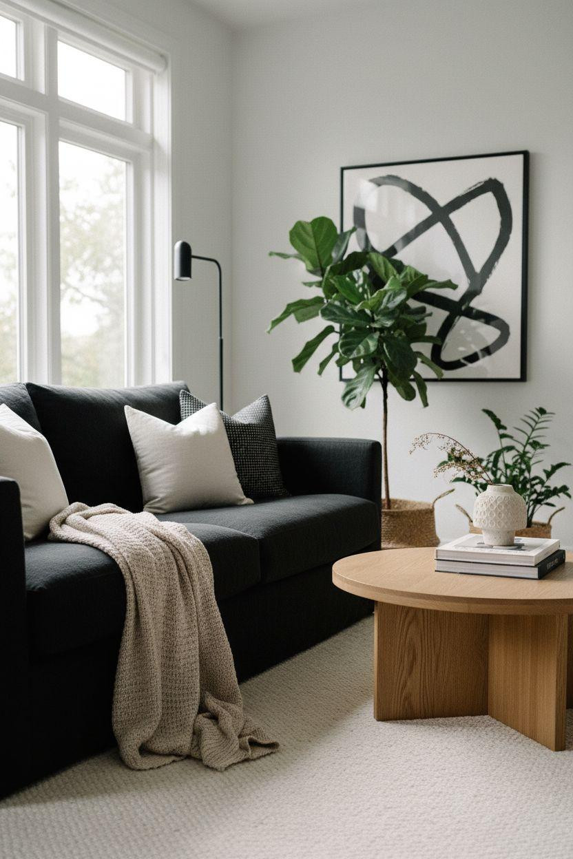 Black furniture living room ideas featuring linen sofa and natural oak