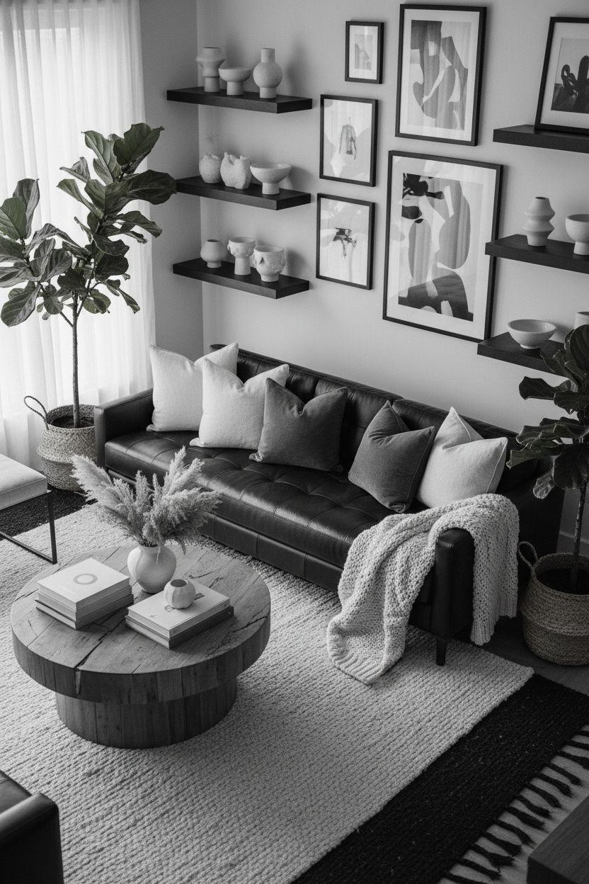 Black furniture living room ideas with layered textures and organic materials