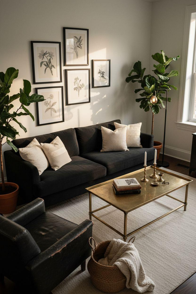 Black furniture living room ideas featuring vintage pieces and brass accents