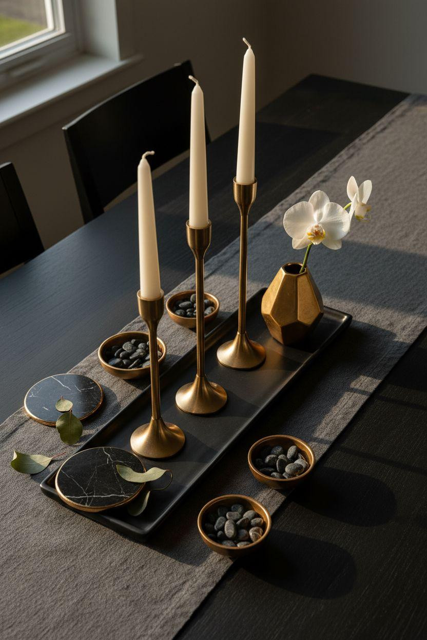 Dining room table centerpiece ideas with modern black and gold styling