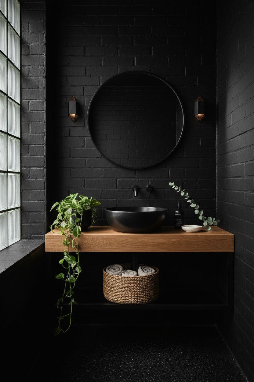 Black powder room with trailing pothos plant and natural elements