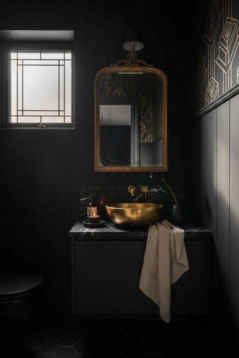 Black powder room with Victorian and Art Deco design elements