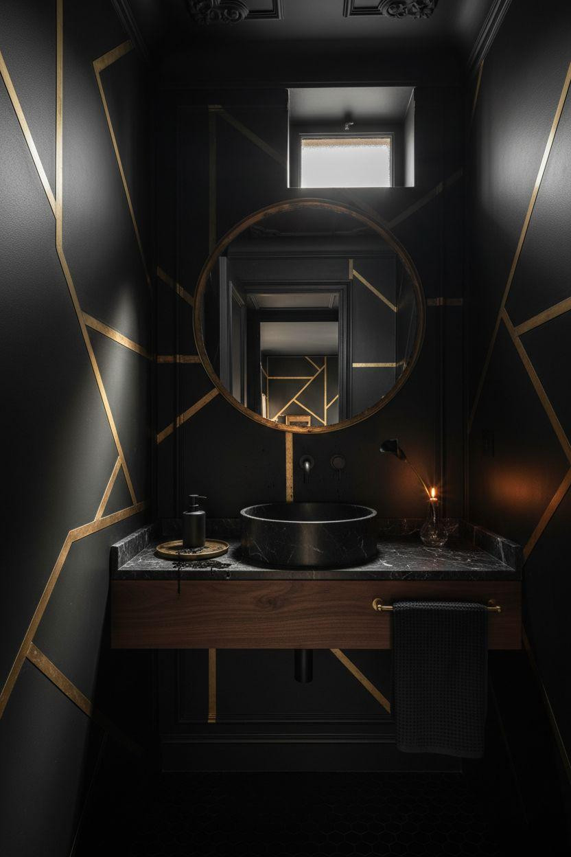 Black powder room with geometric brass inlay and Parisian style