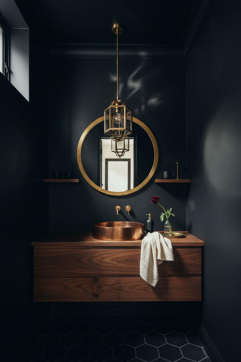 Black powder room with geometric brass pendant light
