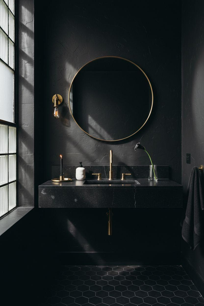 Black powder room with floating vanity in Manhattan loft style