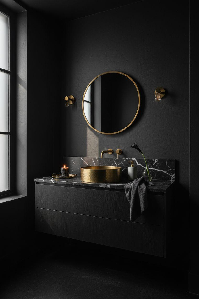 Black powder room with European design and copper vessel sink