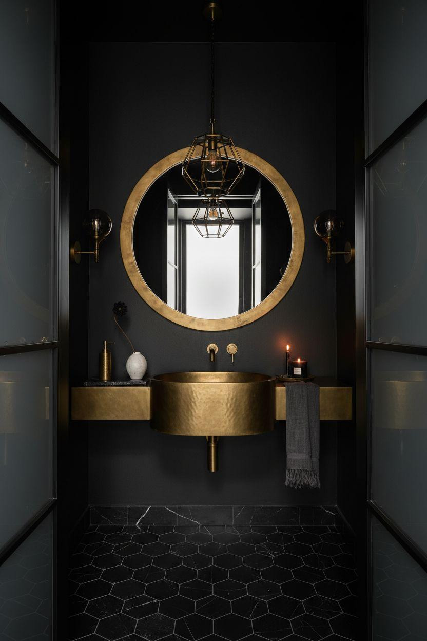 Black powder room with luxury finishes in Manhattan penthouse style