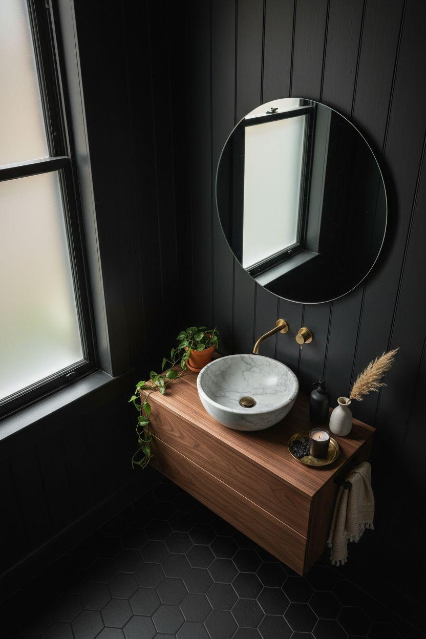 Black powder room with Victorian details and overhead perspective