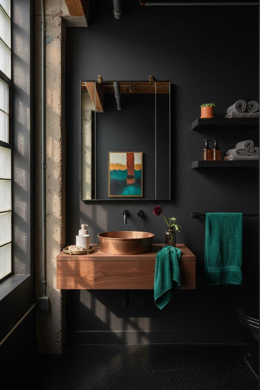 Black powder room with industrial finishes and color pops