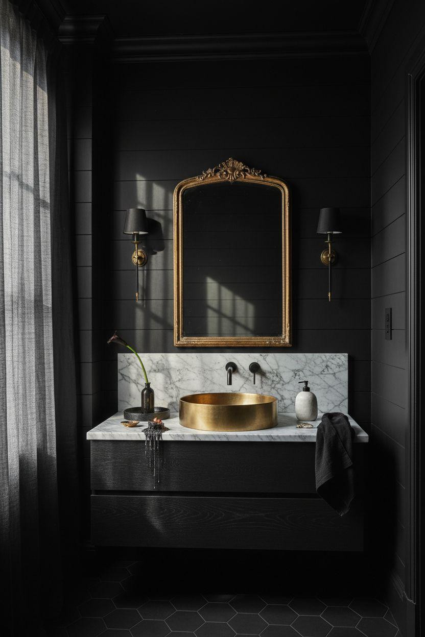 Black powder room with hammered copper sink and dramatic lighting