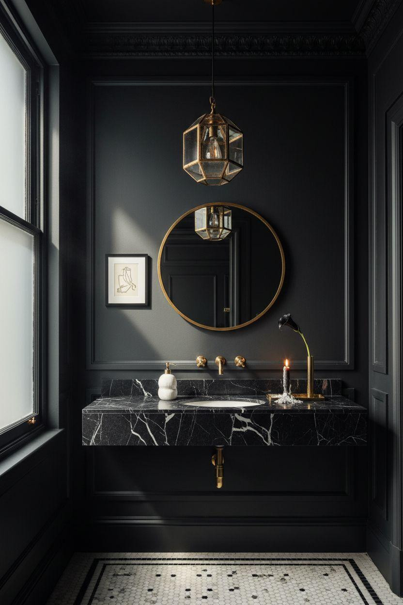 Black powder room with dramatic statement pendant light