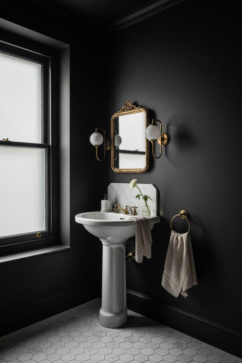 Black powder room with Victorian vintage details