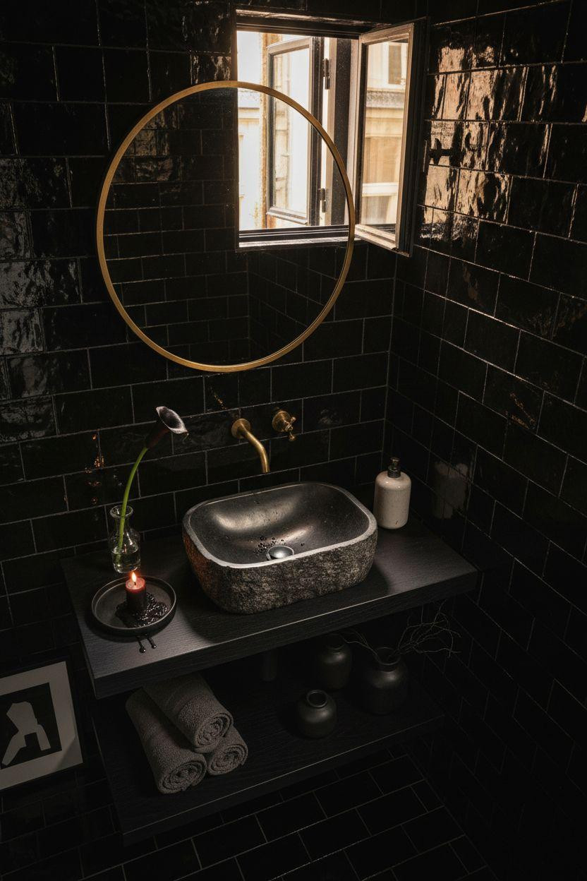 Black powder room with glossy handmade zellige tile