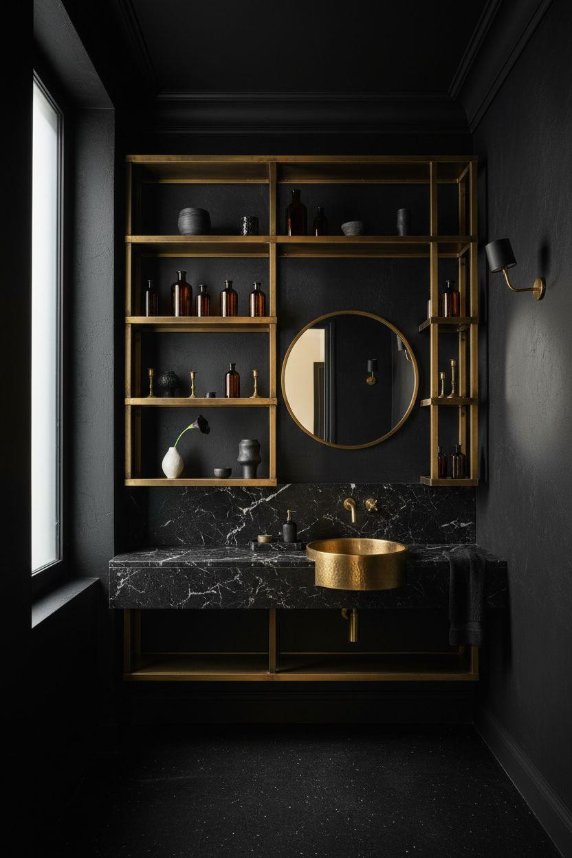 Black powder room with floor-to-ceiling brass shelving