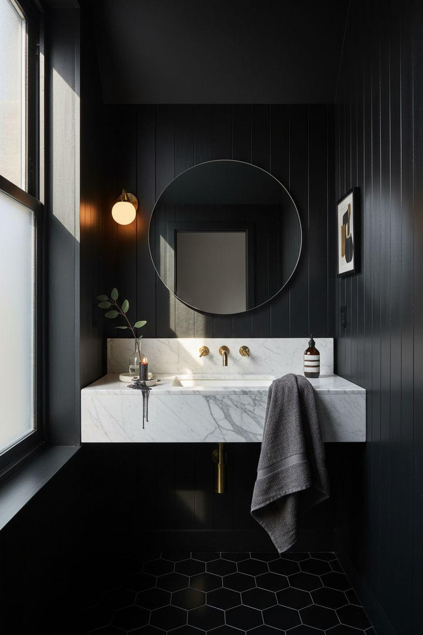 Black powder room with white Carrara marble vanity