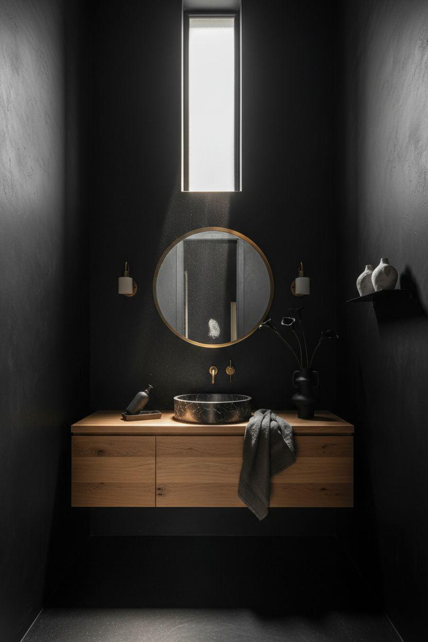 Black powder room with soaring ceilings and dramatic proportions