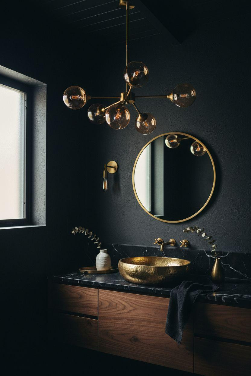 Black powder room with sculptural brass chandelier