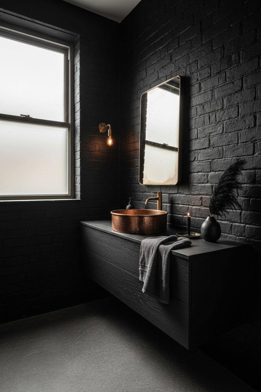 Black powder room with industrial design and brass fixtures