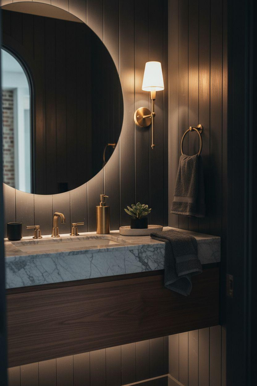 Black powder room with layered textures and styling