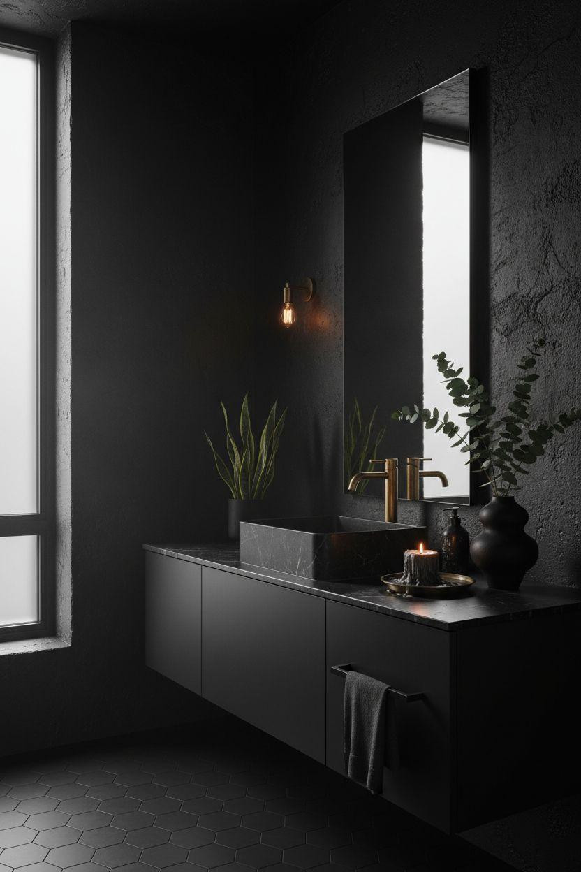 Black powder room with minimalist industrial design