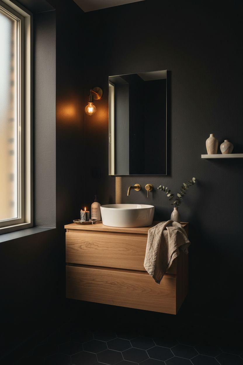 Black powder room featuring Scandinavian design with oak vanity