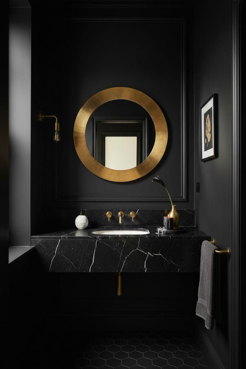 Black powder room with ornate baroque brass mirror