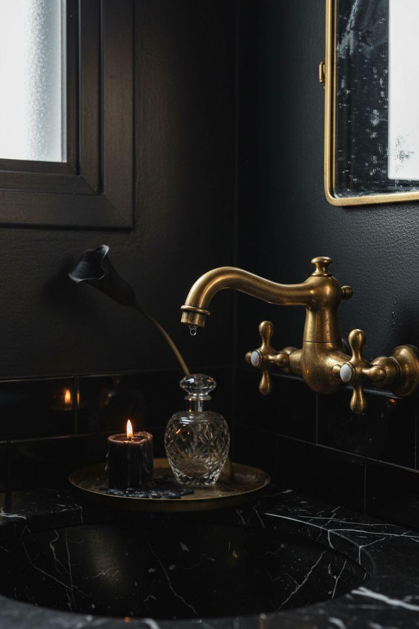 Black powder room featuring vintage brass faucet close-up