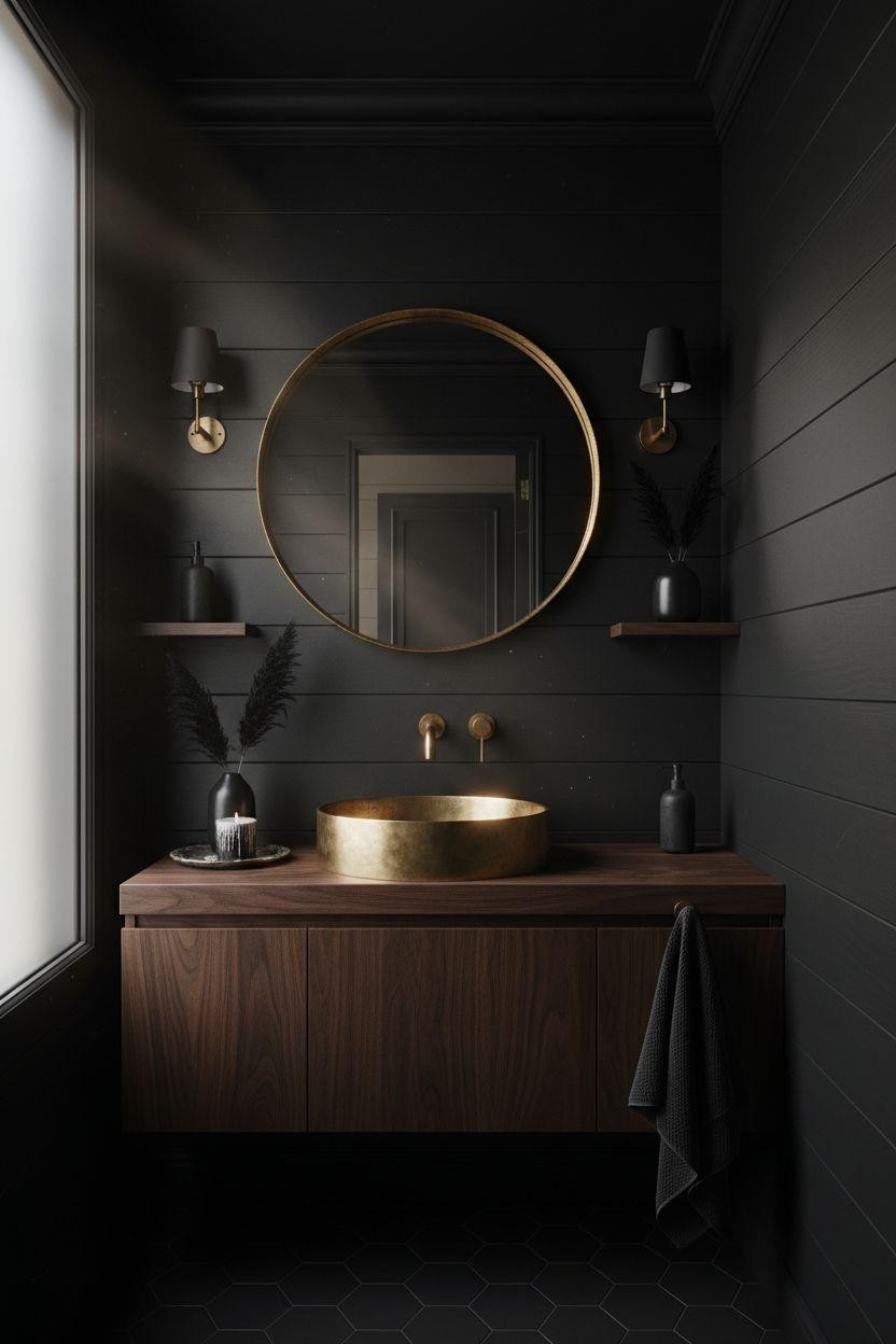 Black powder room with unlacquered brass fixtures and walnut vanity