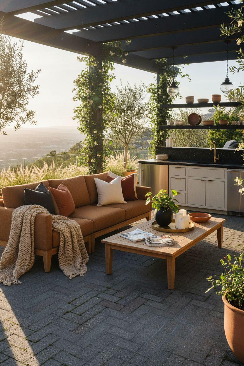 Bloxburg backyard ideas - wide patio with geometric pavers and lounge area