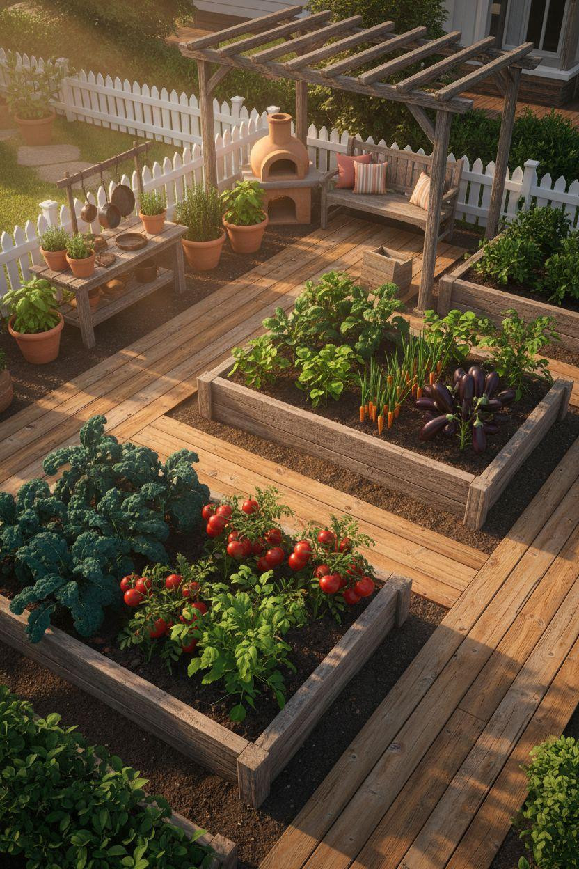 Bloxburg backyard ideas - overhead farm layout with organized garden beds