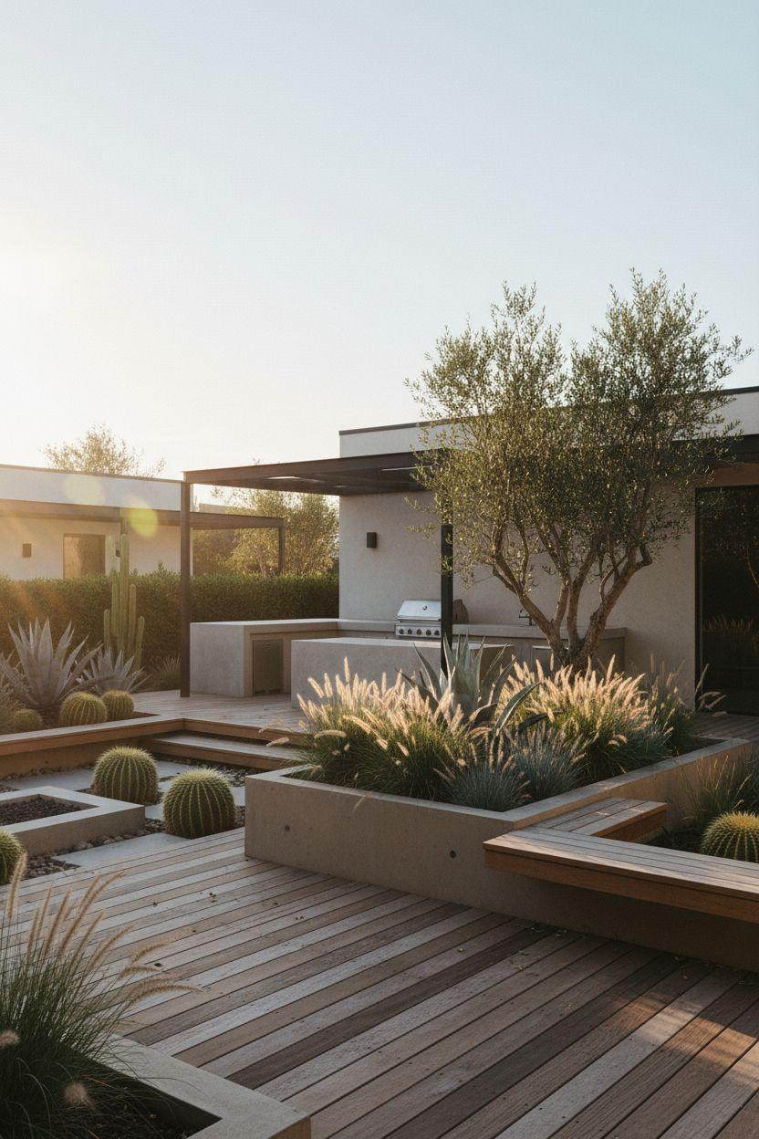 Bloxburg backyard ideas - minimalist desert landscape with concrete planters