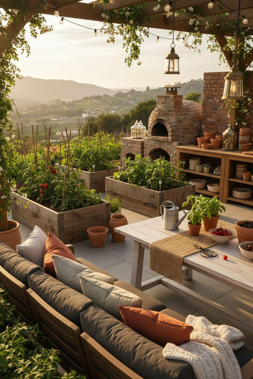 Bloxburg backyard ideas - rustic garden with outdoor pizza oven