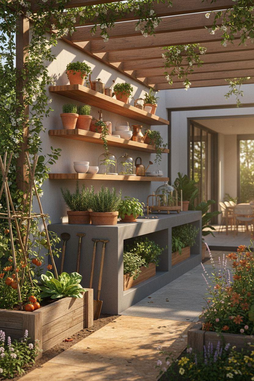 Bloxburg backyard ideas - Mediterranean garden with tiered shelving